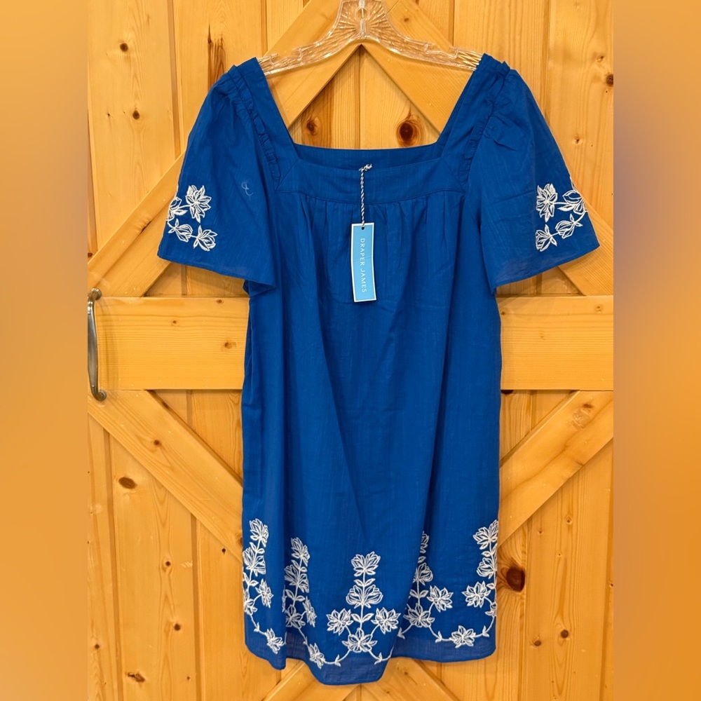 NWT Draper James Maren Shift Dress in Embroidered Floral in Cobalt Blue, Sz XS